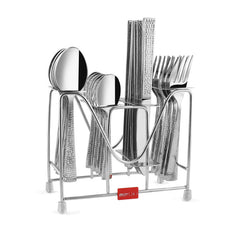 Full 24-piece stainless steel cutlery set with textured handles neatly arranged in stand.