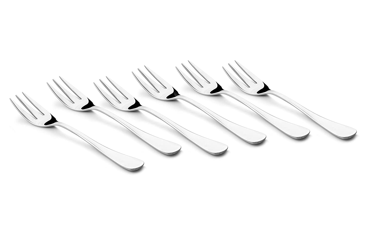 Six stainless steel forks arranged in a row on white backgroundRetry