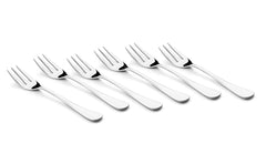 Six stainless steel forks arranged in a row on white backgroundRetry