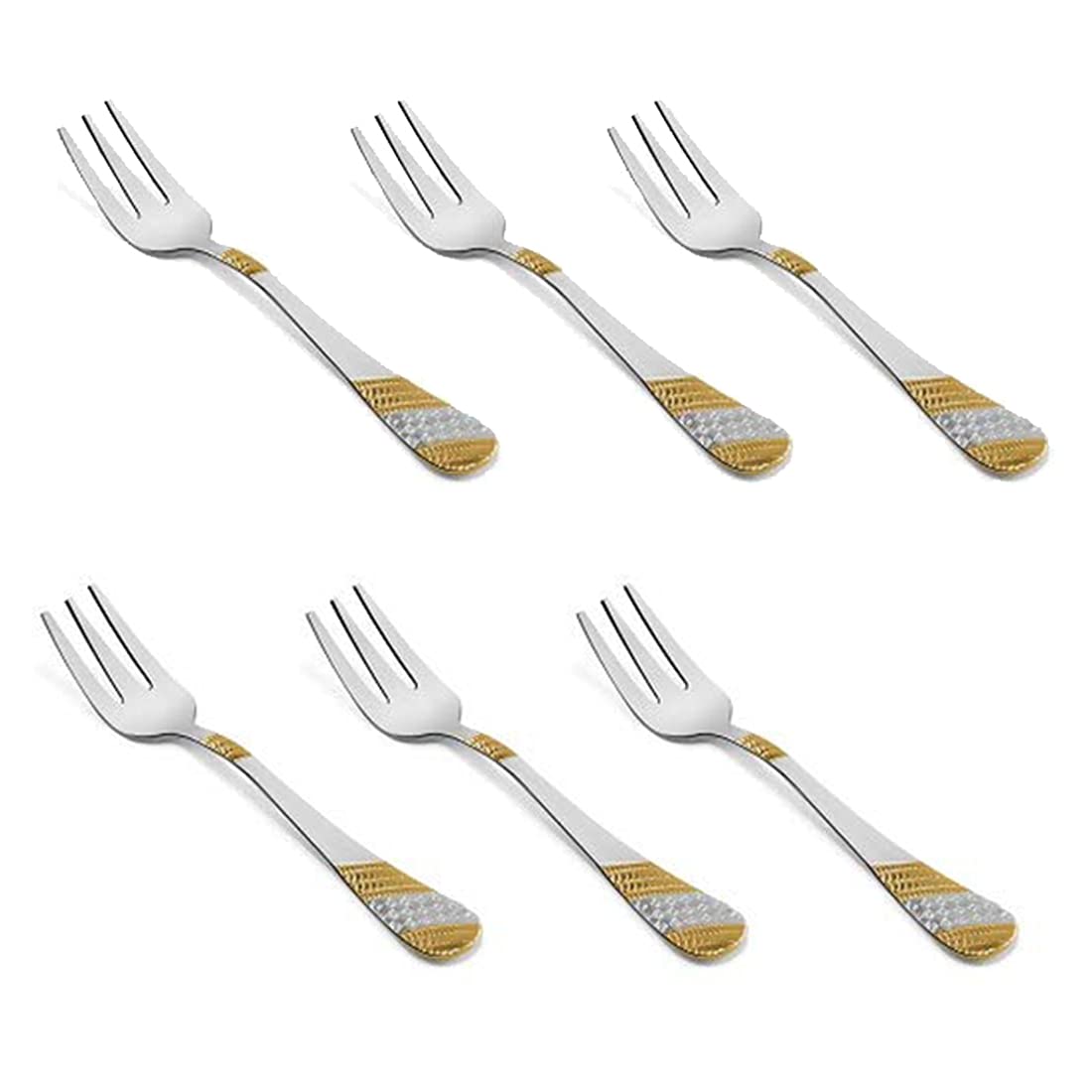 Six dessert forks with three tines and gold textured handle decoration on white backgroundRetry