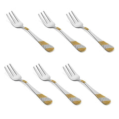 Six dessert forks with three tines and gold textured handle decoration on white backgroundRetry