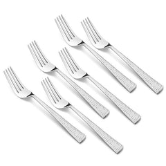 Polished stainless steel forks with hammered-texture handles laid diagonally in neat alignment.