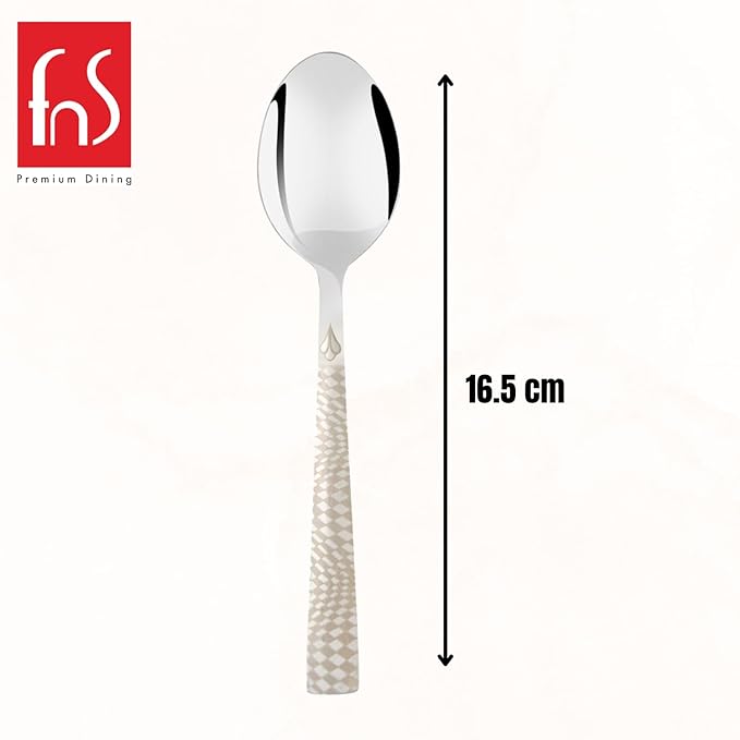 Single FNS dessert spoon with 16.5cm length measurement specification showing distinctive pearl-textured handle and mirror-polished oval bowl