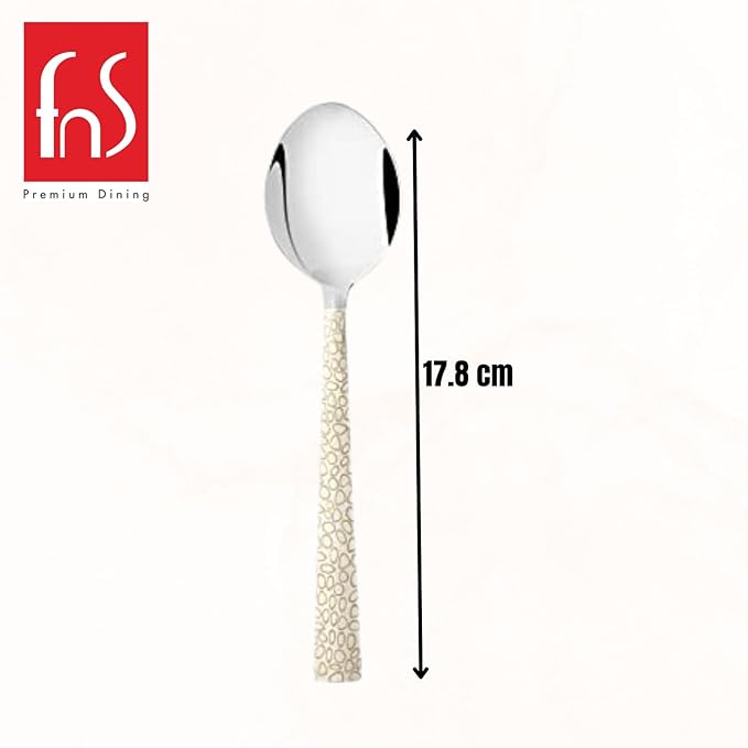 Single FNS dessert spoon with 17.8cm length measurement specification showing distinctive gold mosaic-textured handle and mirror-polished oval bowl
