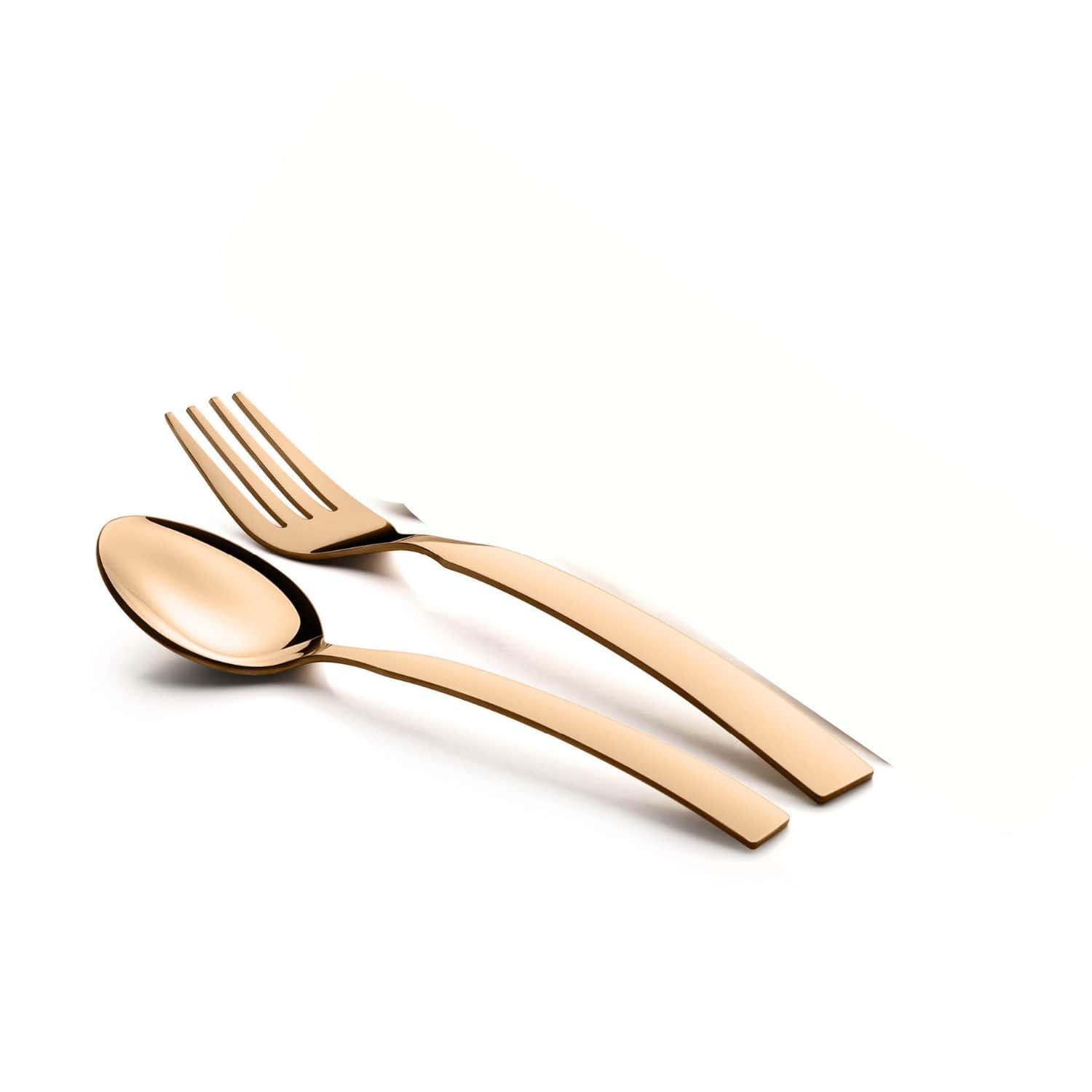 Sleek gold fork and spoon placed diagonally on a clean, bright white surface.