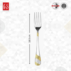 Single ornate fork with measurement showing 18.5 cm length, featuring gold and silver handle design
