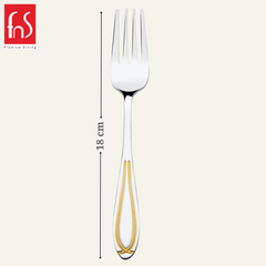 Single dinner fork measuring 18 cm in length with gold-accented handle, Premium Dining brand logo visible