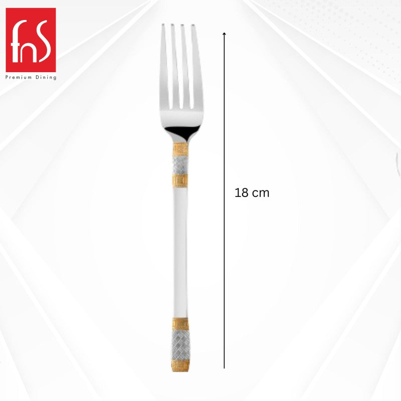 Single stainless steel fork with gold accents measuring 18 cm length