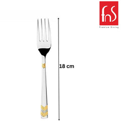 Single silver fork with gold pattern, 18cm measurement, fns Premium Dining logo
