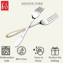 Two crossed dinner forks with gold-accented handles, highlighting premium stainless steel construction and elegant dining designRetry