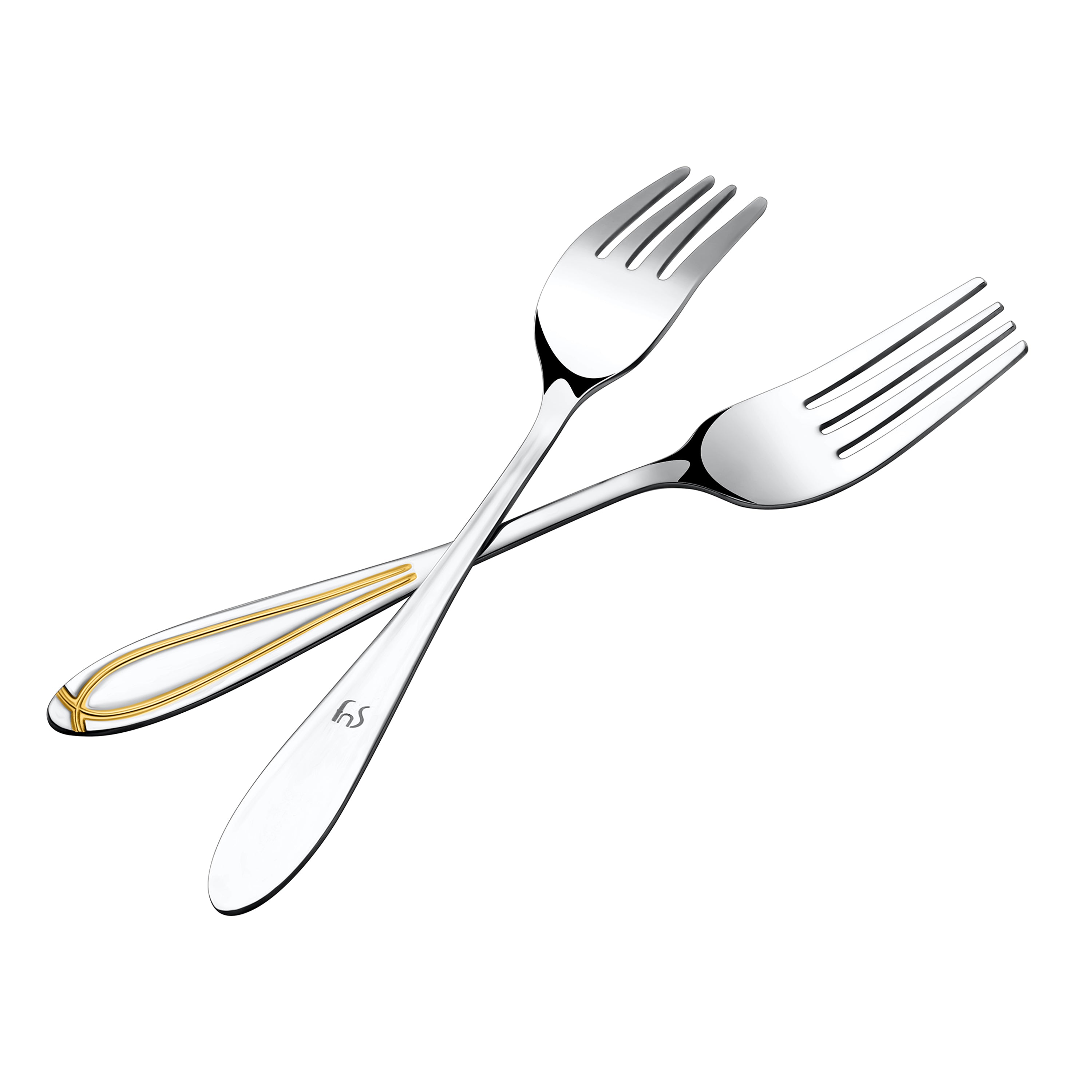 Two crossed dinner forks with gold-accented handles, highlighting premium stainless steel construction and elegant dining designRetry