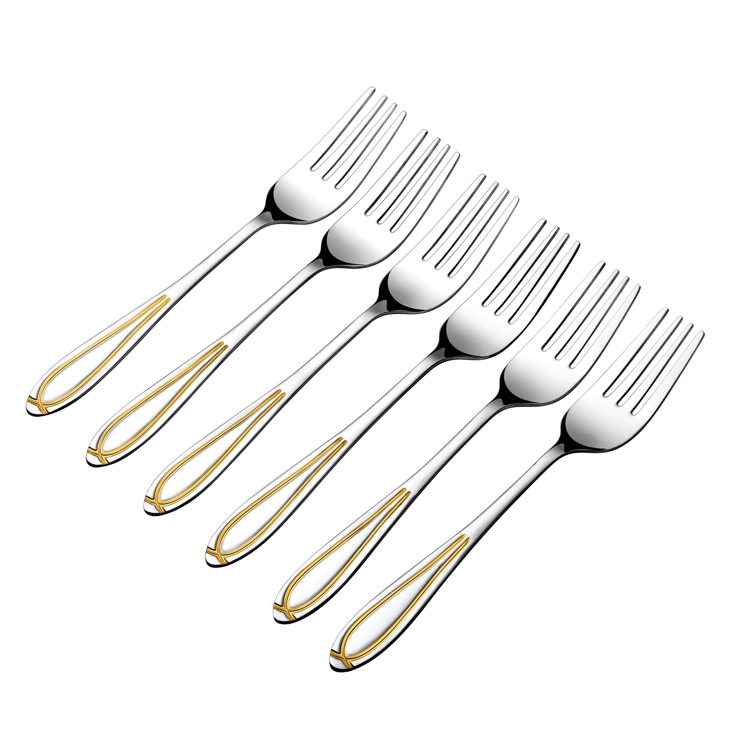 Six dinner forks with gold-trimmed handles arranged diagonally, showing elegant stainless steel construction and classic design