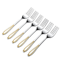 Six dinner forks with gold-trimmed handles arranged diagonally, showing elegant stainless steel construction and classic design
