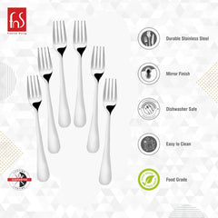 FnS brand fork set with feature icons highlighting stainless steel quality