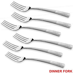 Six stainless steel dinner forks with textured silver handles neatly aligned, labeled “DINNER FORK” below.