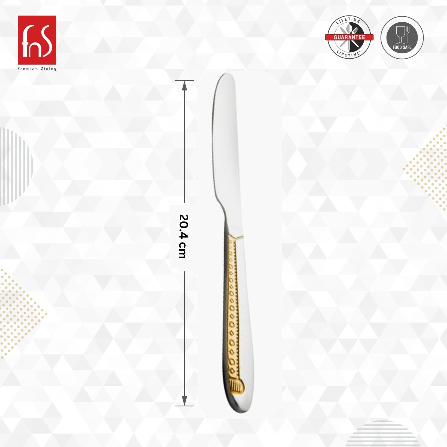 FnS stainless steel dinner knife measuring 20.4 centimeters with elegant 24-karat gold plated decorative handle design and lifetime guarantee certification.
