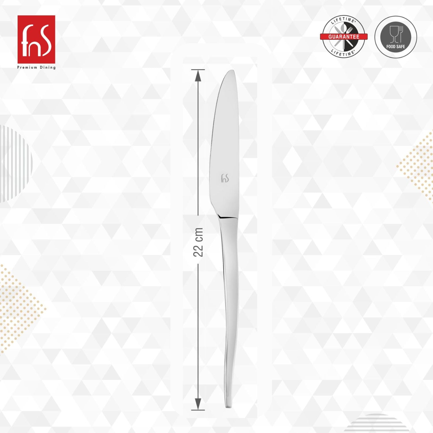 FnS stainless steel dinner knife measuring 22 centimeters with lifetime guarantee and food-safe certification badges displayed on presentation graphic.