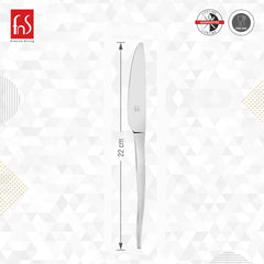 FnS stainless steel dinner knife measuring 22 centimeters with lifetime guarantee and food-safe certification badges displayed on presentation graphic.