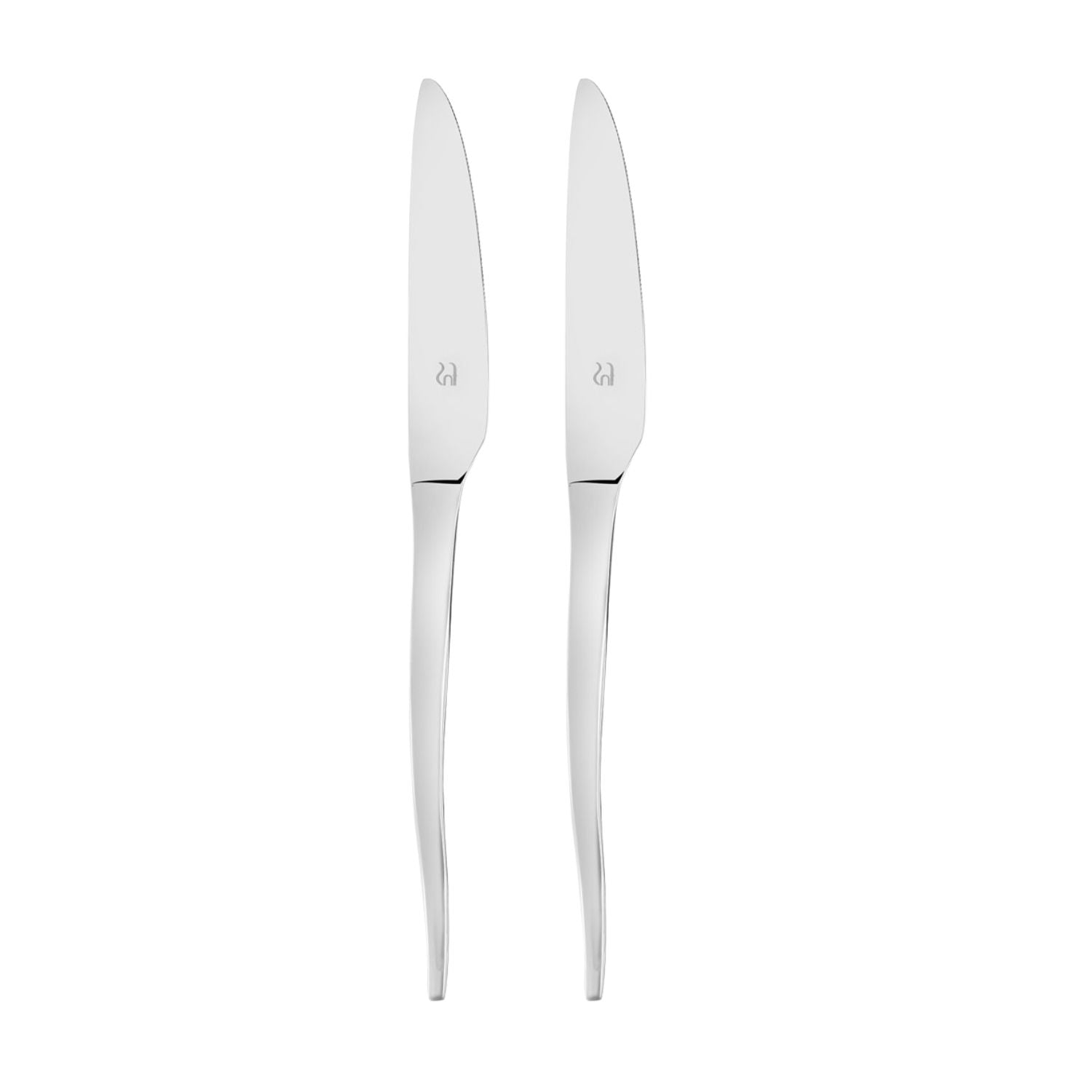 Two polished stainless steel dinner knives standing upright, featuring FnS branding on blades and contemporary ergonomic flat handle design.