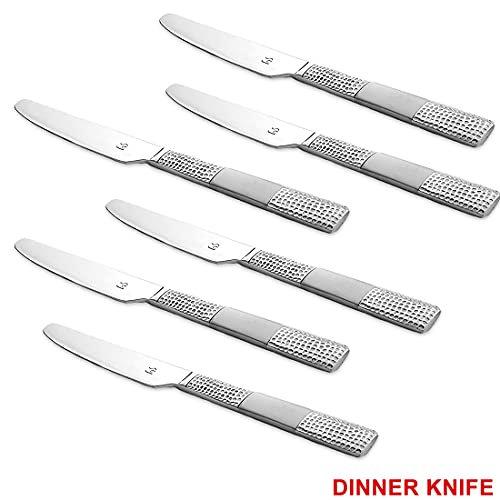 Set of six stainless steel dinner knives with textured silver handles, labeled “DINNER KNIFE” below.
