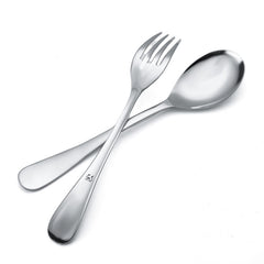 Close-up of shiny stainless steel spoon and fork crossed, showing elegant curved handles and polish.