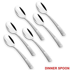 Six polished stainless steel dinner spoons with textured grips, displayed in uniform rows, labeled “DINNER SPOON.”