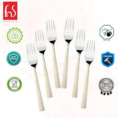 Six stainless steel forks with textured handles and quality badges