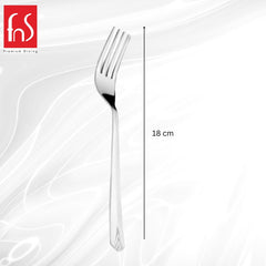 Single fork showing 18cm length measurement on white plate background