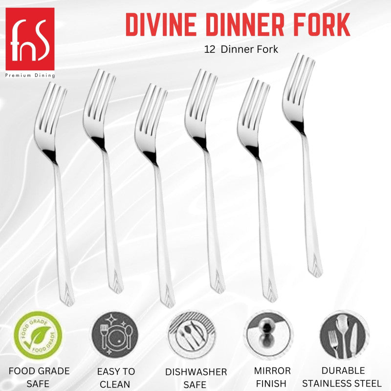 Divine Dinner Fork product display showing 12 forks with features icons