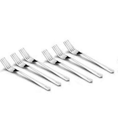 Six silver stainless steel dinner forks arranged diagonally on white background