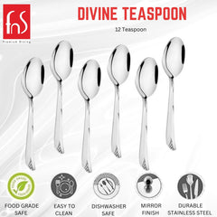 Divine Teaspoon set of twelve with notched tapered handles, displaying five feature icons: food grade safe, easy clean, dishwasher safe, mirror finish, durable stainless steel