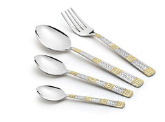 Set of six polished dinner forks with textured golden and silver handles, aligned on white background.