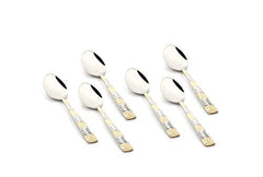Set of six stainless steel baby spoons with ornate silver-gold patterned handles on white background.