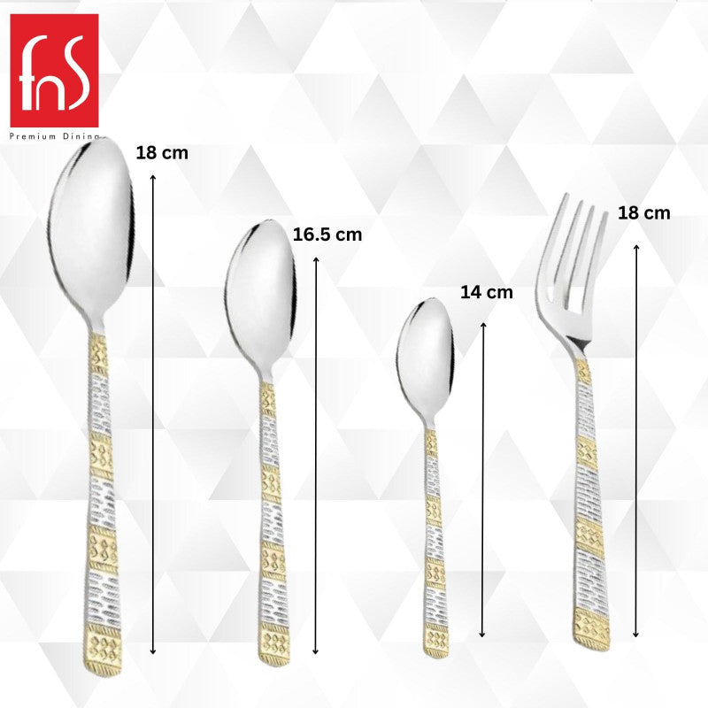 Size chart showing lengths of Dorian fork, spoon, teaspoon, and baby spoon with clear centimeter labels.
