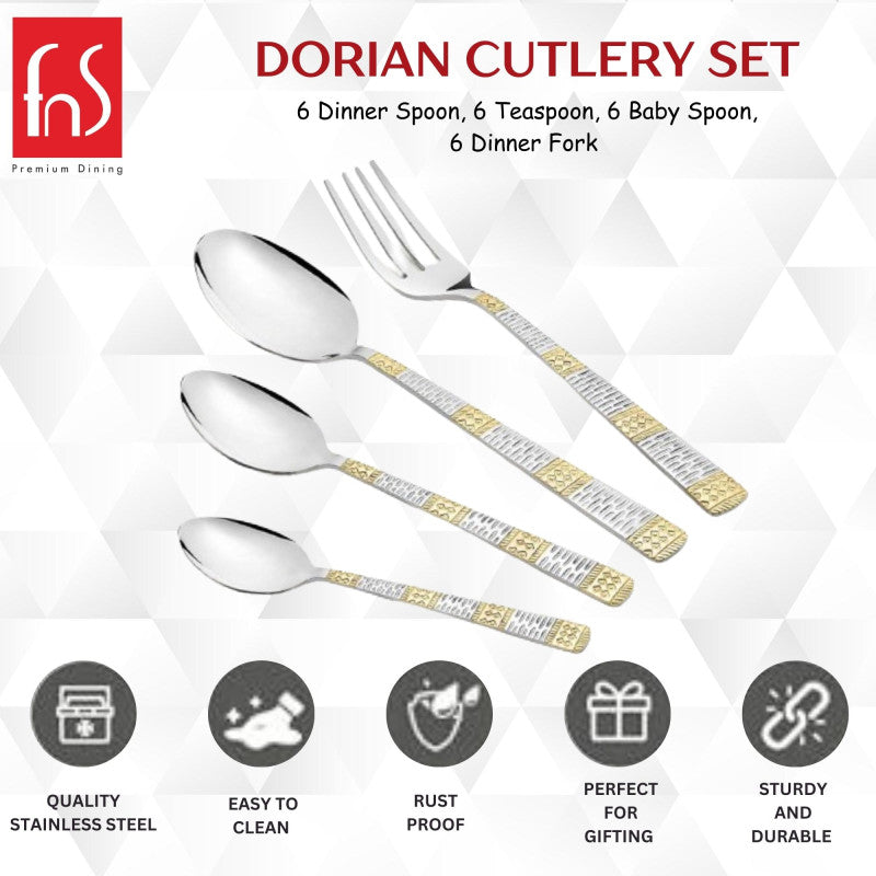 Promotional image showing FNS Dorian Cutlery Set with features: rust proof, durable, and gift-ready.
