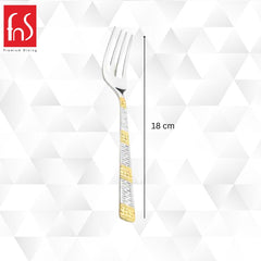 Close-up of a single Dorian dinner fork from FNS with measurement shown as 18 cm, featuring a textured silver handle with gold accents.