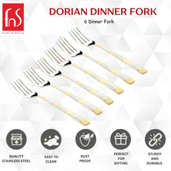 Promotional image of FNS Dorian Dinner Fork set, showing six forks with gold-accented handles, and icons highlighting features like rust-proof, easy to clean, and quality stainless steel.