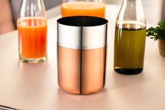 Rose gold stainless steel lidded jug with four two-tone copper-silver tumblers on a bamboo mat, styled with a green fern leaf and lavender plant against a cream wall.