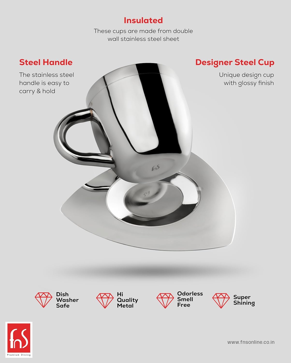 fns double wall stainless steel tea cup and triangular saucer features infographic highlighting insulated double wall, steel handle, designer glossy cup, dishwasher safe, high quality metal, odorless and super shining