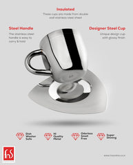fns double wall stainless steel tea cup and triangular saucer features infographic highlighting insulated double wall, steel handle, designer glossy cup, dishwasher safe, high quality metal, odorless and super shining