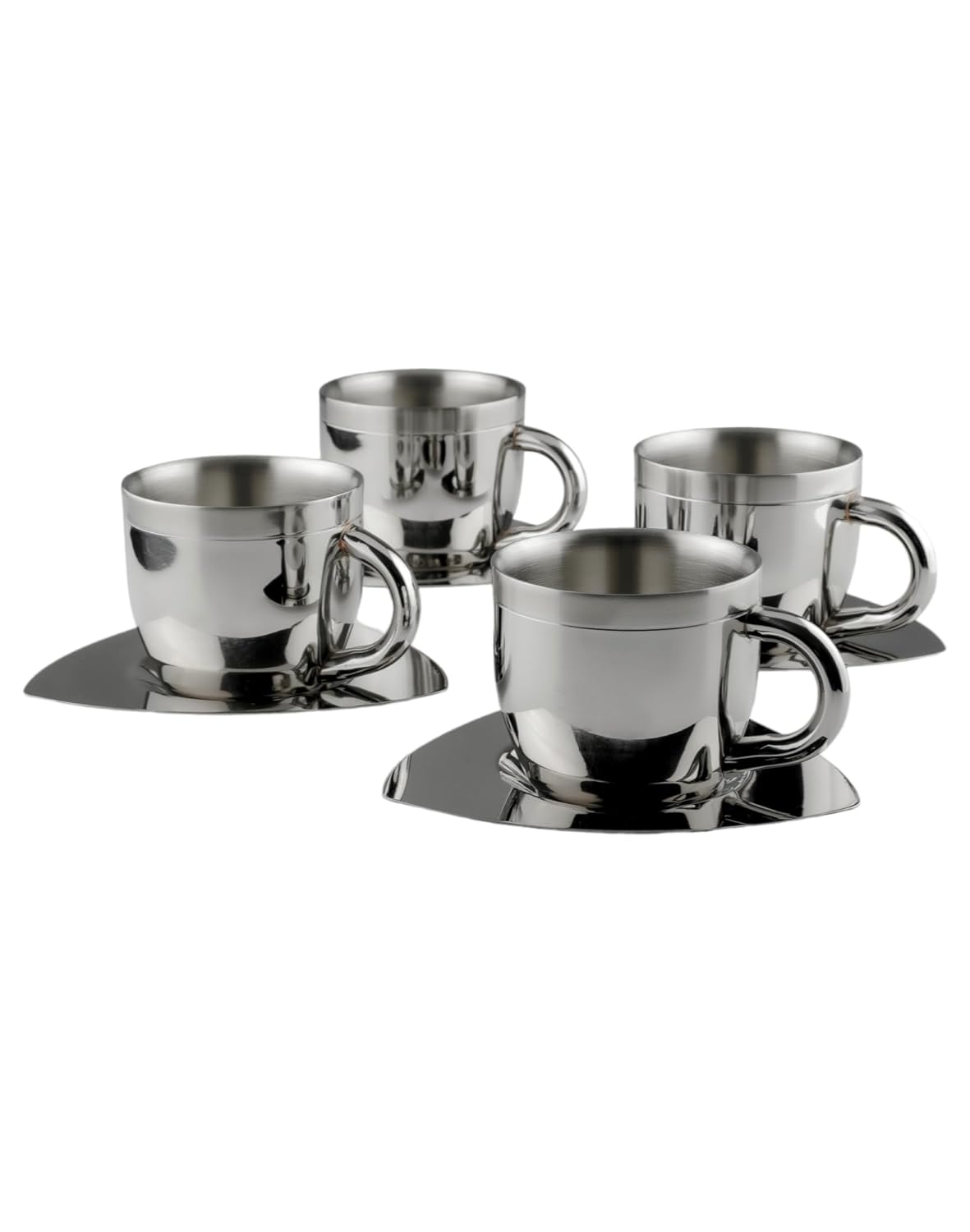 Set of 4 fns double wall stainless steel tea cups with triangular saucers in mirror and brushed finish, arranged together on white background