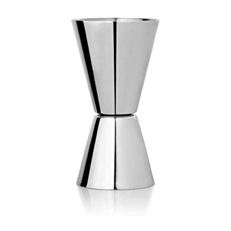 Double-sided jigger with conical hourglass shape for precise cocktail measurements in mirror finish steel