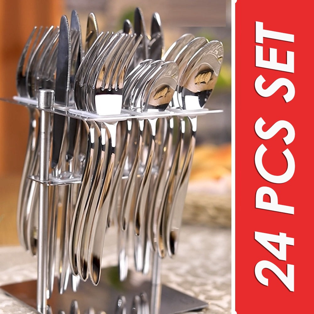 24-piece stainless steel cutlery set in sleek stand, displayed with bold red product label.