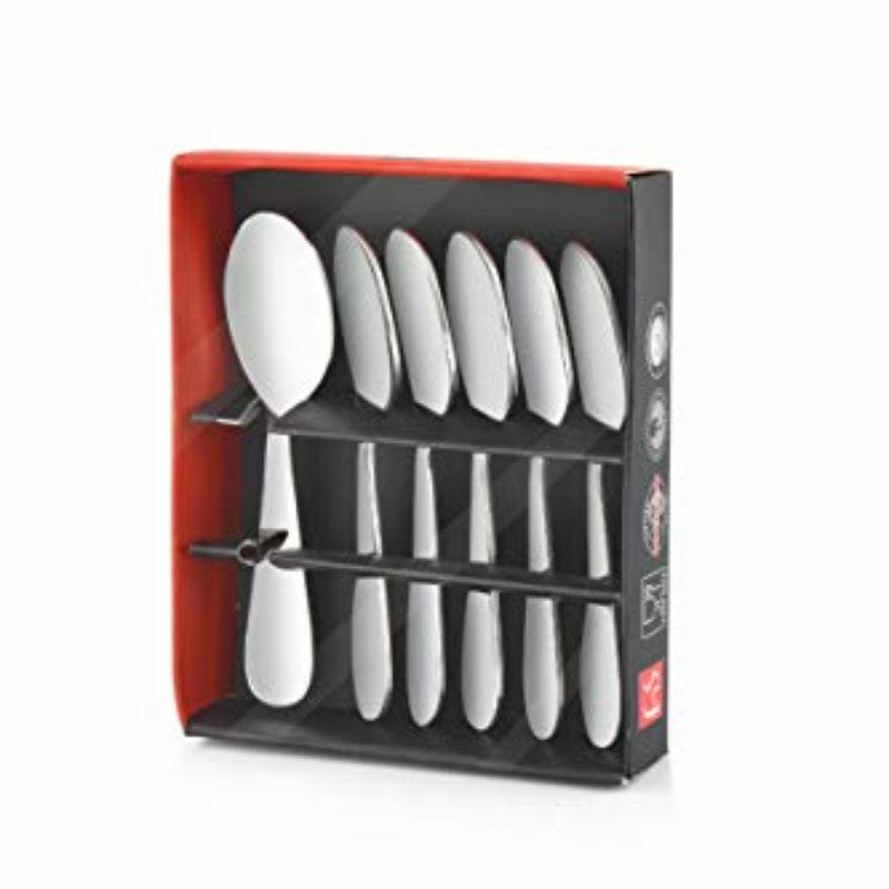FNS Especials chat spoon set in retail packaging box showing 6 pieces with mirror finish stainless steel through transparent window, ready for gifting.