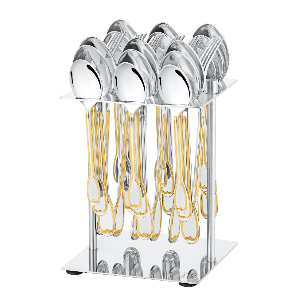 Full 24-piece cutlery set with gold accents displayed upright in chrome stand against white background.