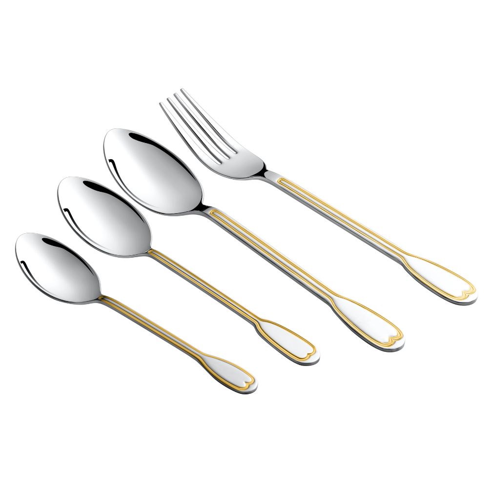 Four-piece stainless steel cutlery set with elegant gold detailing, neatly aligned on white background.