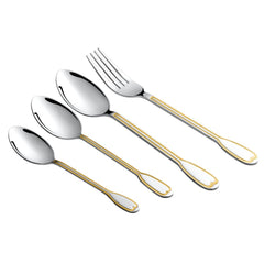Four-piece stainless steel cutlery set with elegant gold detailing, neatly aligned on white background.