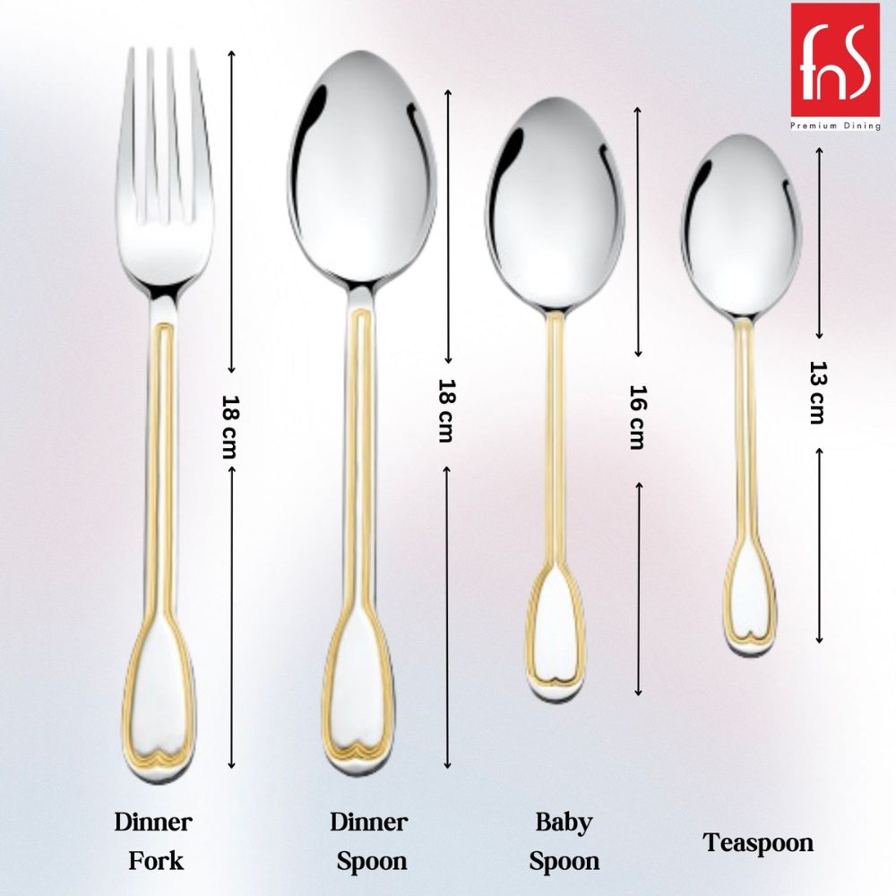 Four gold-edged cutlery pieces labeled with sizes: 18cm, 18cm, 16cm, and 13cm respectively.