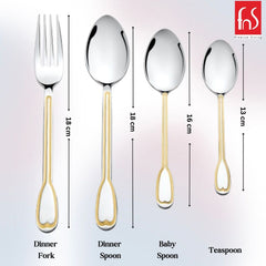 Four gold-edged cutlery pieces labeled with sizes: 18cm, 18cm, 16cm, and 13cm respectively.