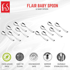 FNS Flair baby spoon 12-piece set product infographic showing food grade safe, easy to clean, dishwasher safe, mirror finish and durable stainless steel features